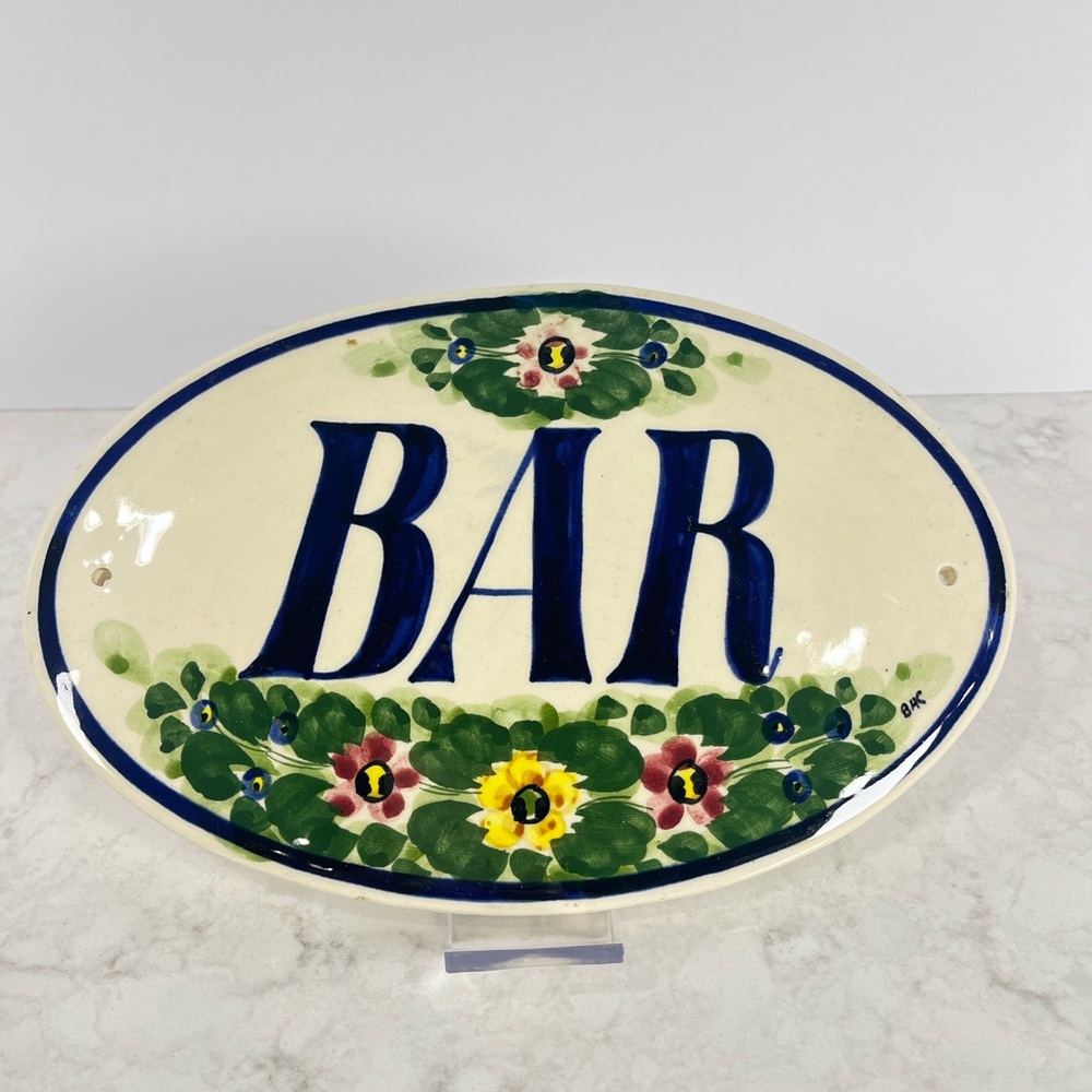 Hand-Painted Ceramic BAR Plaque in Blue and Green